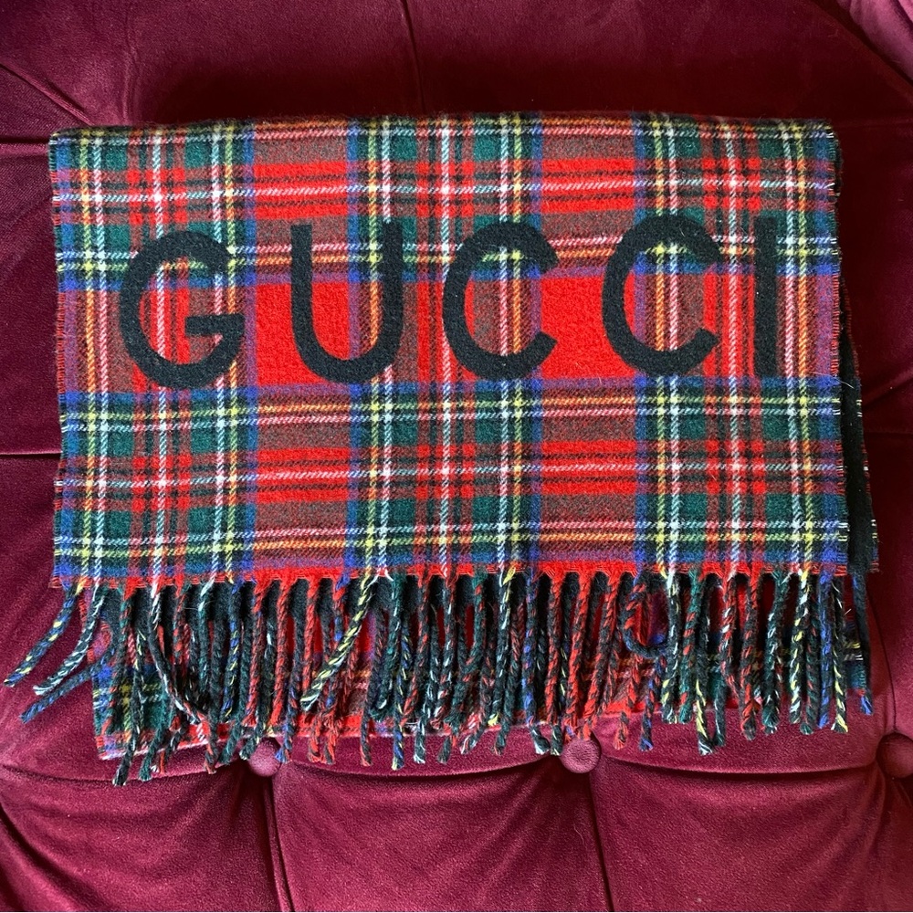 SOLD - Gucci - Logo Red Tartan Plaid Wool Cashmere Blend Scarf - Picture 2 of 4